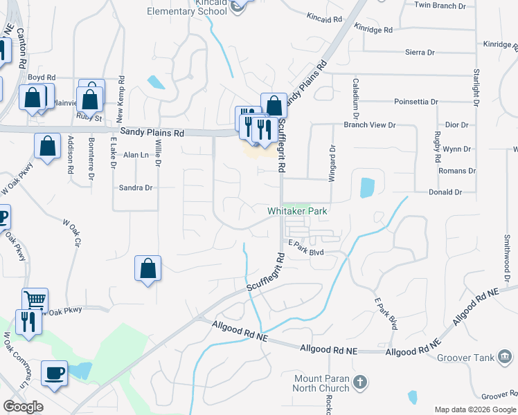 map of restaurants, bars, coffee shops, grocery stores, and more near 1596 Galewood Circle Northeast in Marietta