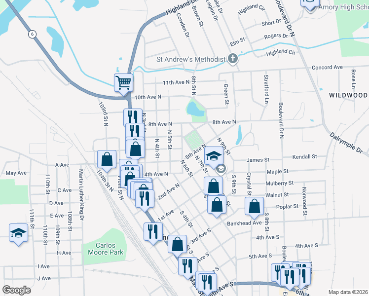 map of restaurants, bars, coffee shops, grocery stores, and more near 601-699 5th Avenue North in Amory