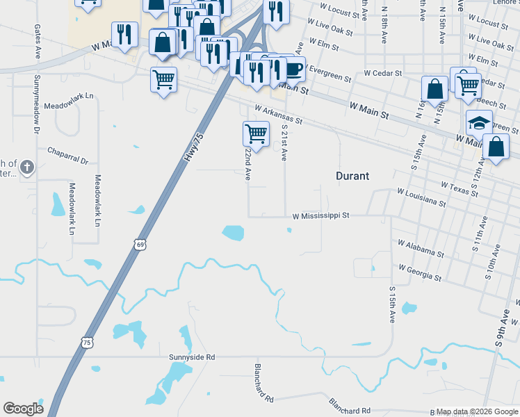 map of restaurants, bars, coffee shops, grocery stores, and more near 234 South 22nd Avenue in Durant