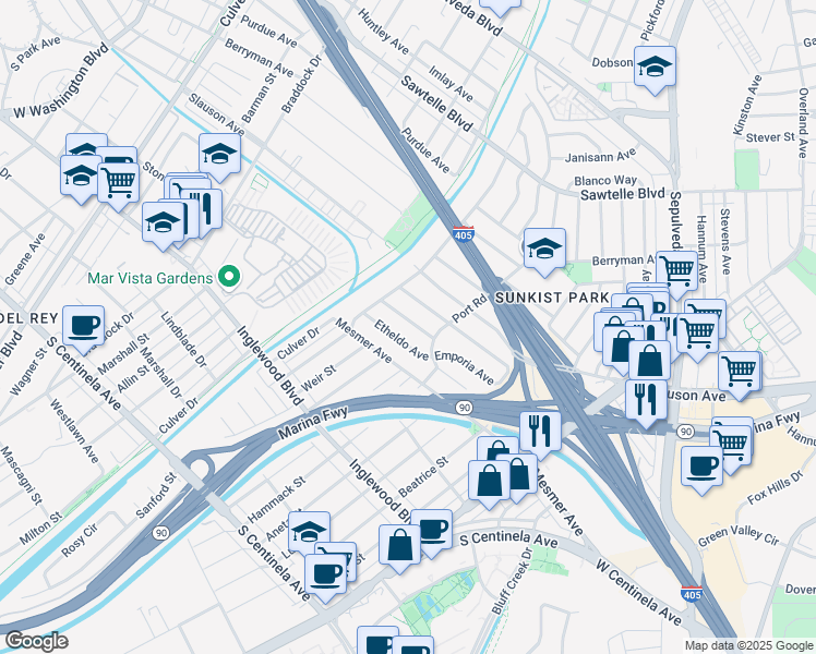 map of restaurants, bars, coffee shops, grocery stores, and more near 5225 Emporia Avenue in Culver City
