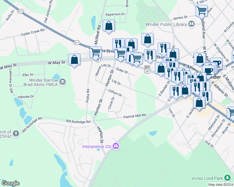 map of restaurants, bars, coffee shops, grocery stores, and more near 77 Clifton Drive in Winder