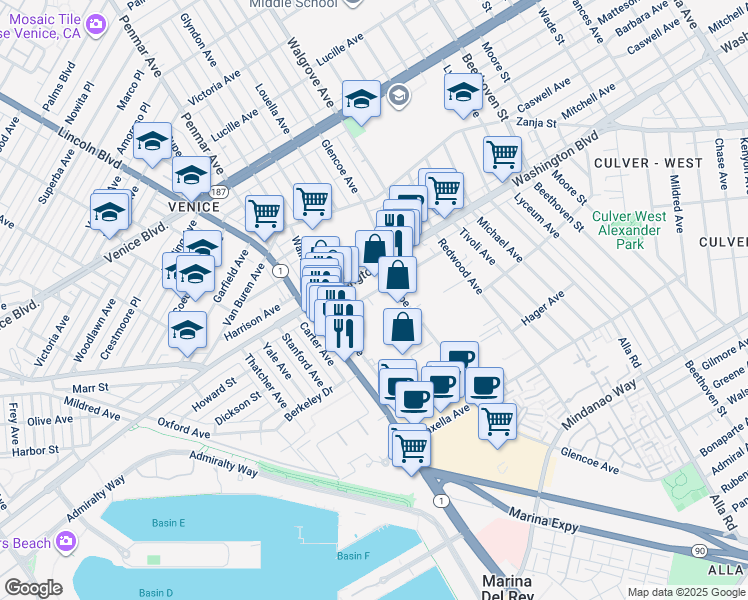 map of restaurants, bars, coffee shops, grocery stores, and more near 4056 Del Rey Avenue in Marina del Rey