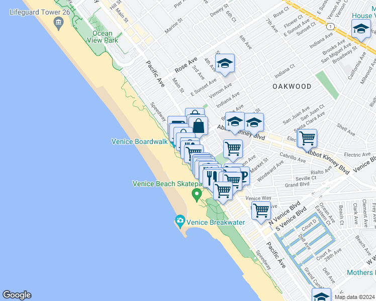 map of restaurants, bars, coffee shops, grocery stores, and more near 14 Brooks Avenue in Los Angeles
