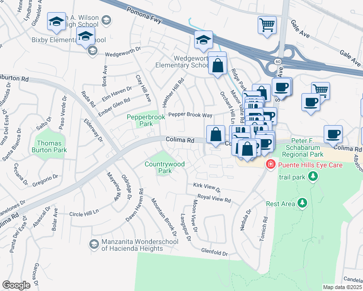 map of restaurants, bars, coffee shops, grocery stores, and more near 1802 Widson Court in Hacienda Heights