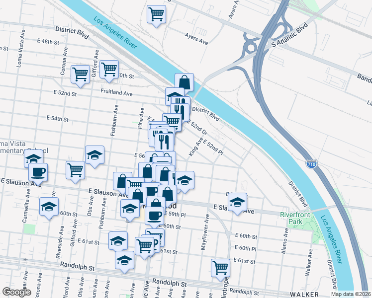 map of restaurants, bars, coffee shops, grocery stores, and more near 4552 East 53rd Street in Maywood
