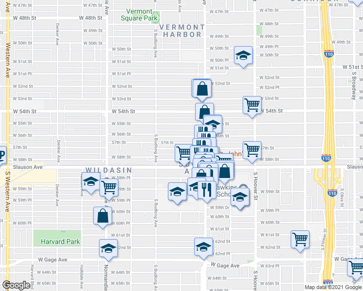map of restaurants, bars, coffee shops, grocery stores, and more near 1061 57th Street in Los Angeles