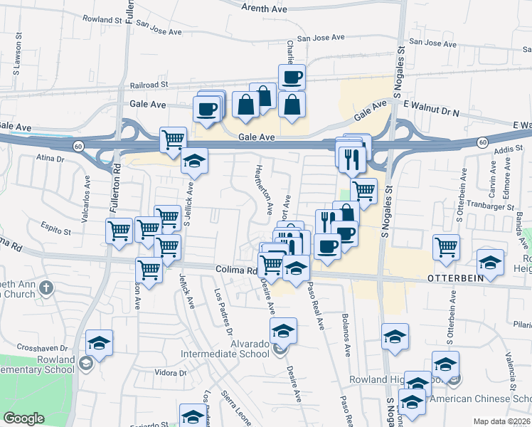 map of restaurants, bars, coffee shops, grocery stores, and more near 1442 Heatherton Avenue in Rowland Heights