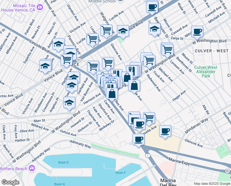 map of restaurants, bars, coffee shops, grocery stores, and more near in Culver City