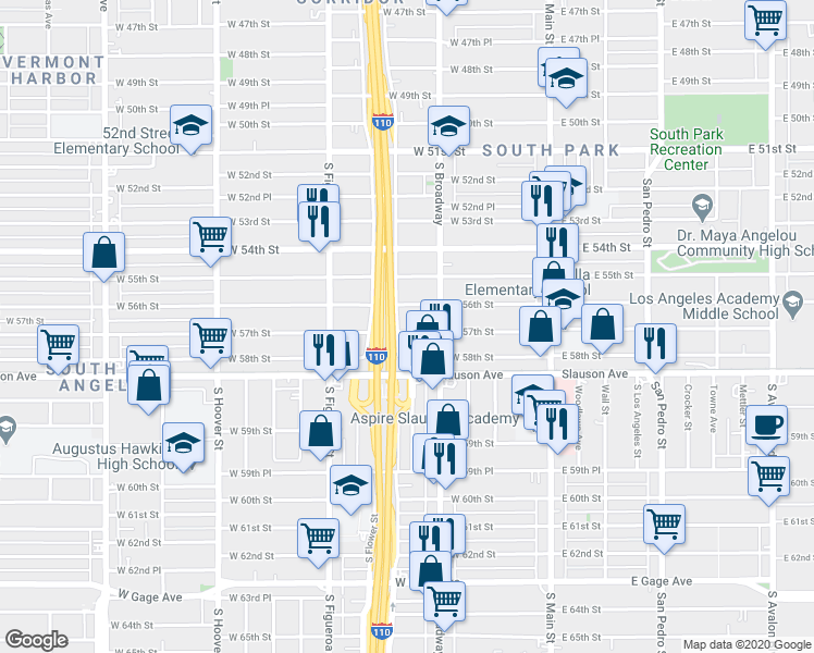 map of restaurants, bars, coffee shops, grocery stores, and more near 335 West 57th Street in Los Angeles