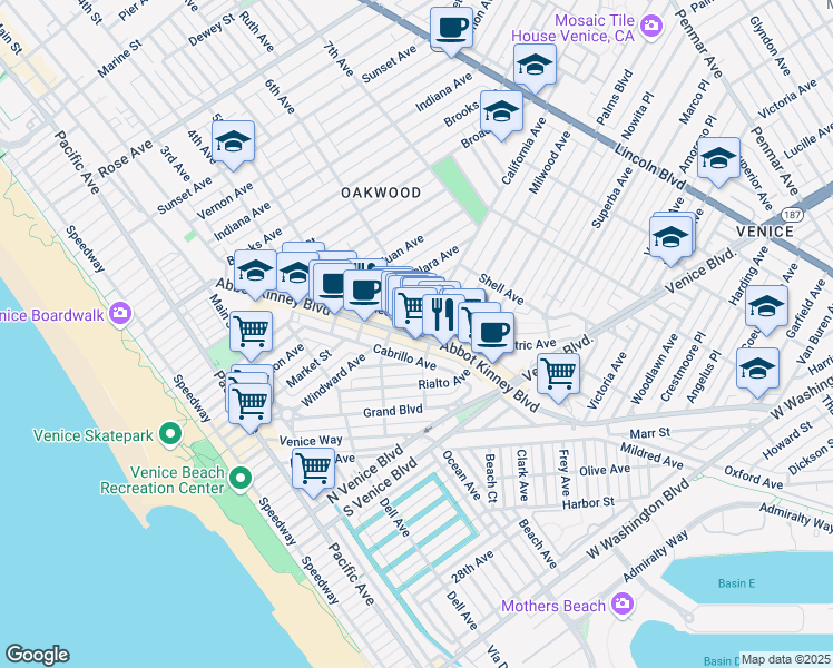 map of restaurants, bars, coffee shops, grocery stores, and more near 1357 Abbot Kinney Boulevard in Los Angeles