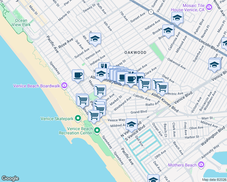 map of restaurants, bars, coffee shops, grocery stores, and more near 1118 Abbot Kinney Boulevard in Los Angeles