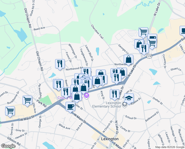 map of restaurants, bars, coffee shops, grocery stores, and more near 502 Northwood Road in Lexington