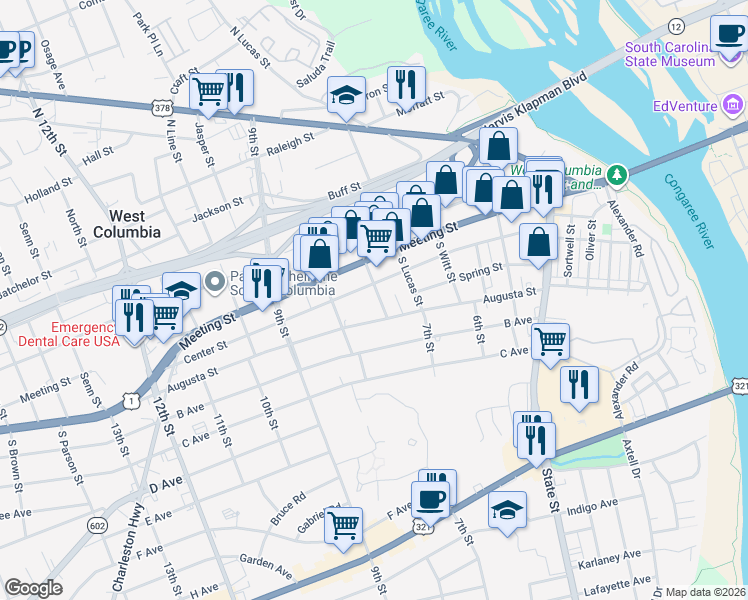 map of restaurants, bars, coffee shops, grocery stores, and more near 723 Center Street in West Columbia