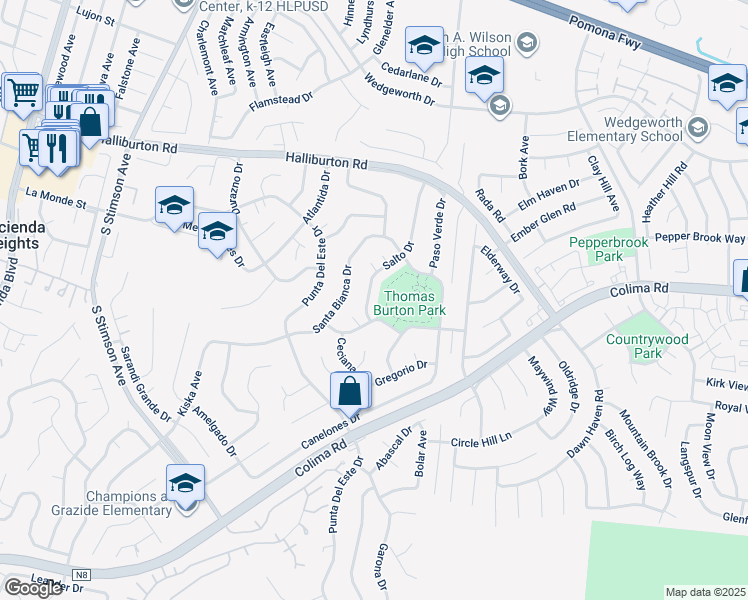 map of restaurants, bars, coffee shops, grocery stores, and more near 2138 Salto Drive in Hacienda Heights