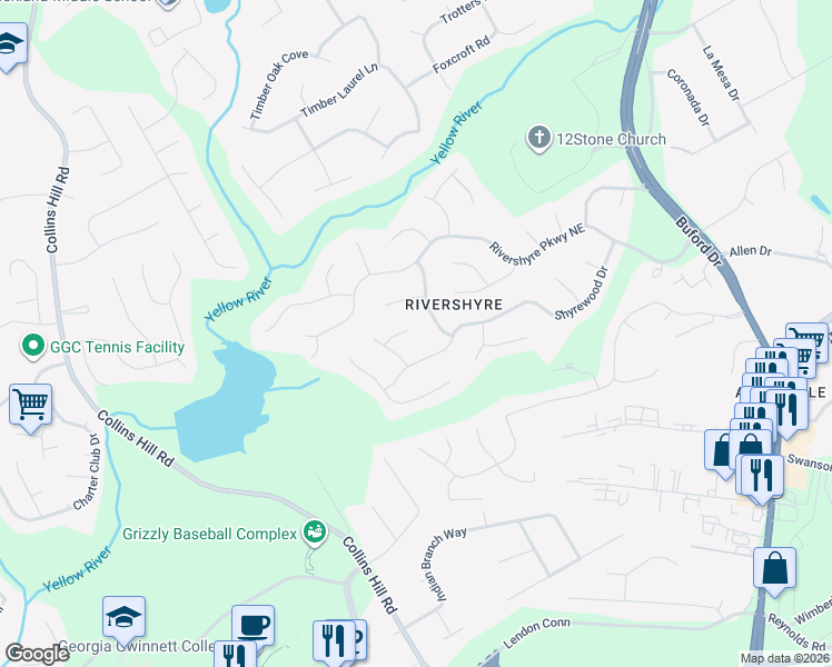 map of restaurants, bars, coffee shops, grocery stores, and more near 175 Waterloch Court in Lawrenceville