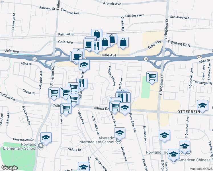 map of restaurants, bars, coffee shops, grocery stores, and more near 1525 Greencastle Avenue in Rowland Heights