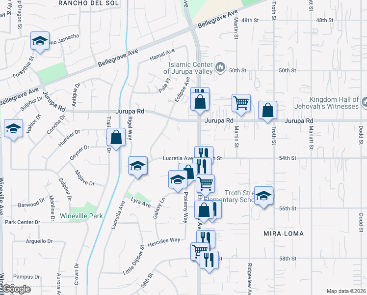 map of restaurants, bars, coffee shops, grocery stores, and more near 5341 Capella Ct in Mira Loma