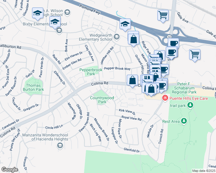 map of restaurants, bars, coffee shops, grocery stores, and more near 1804 Ewing Court in Hacienda Heights