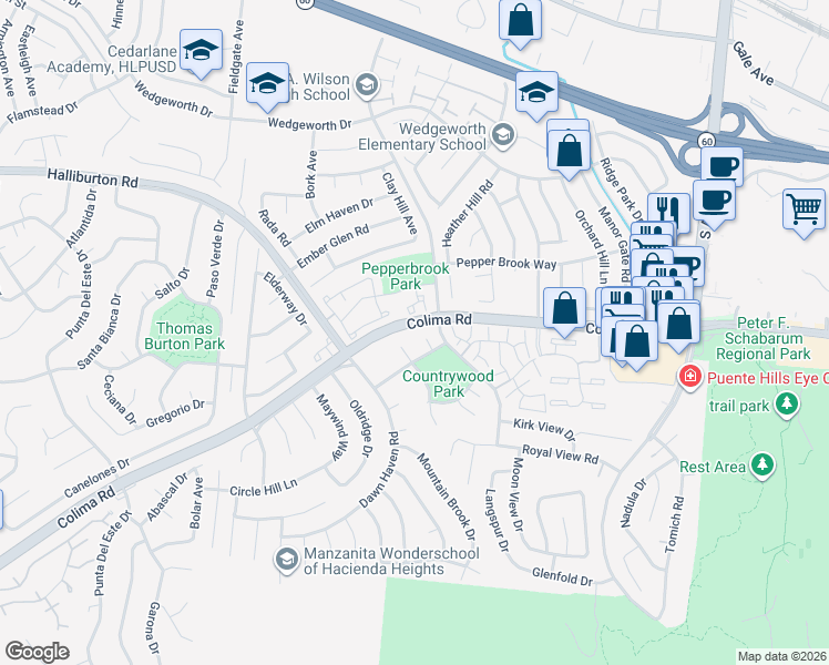map of restaurants, bars, coffee shops, grocery stores, and more near in Hacienda Heights