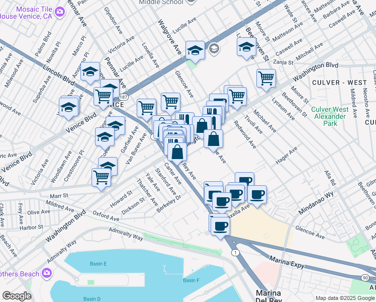 map of restaurants, bars, coffee shops, grocery stores, and more near in Culver City