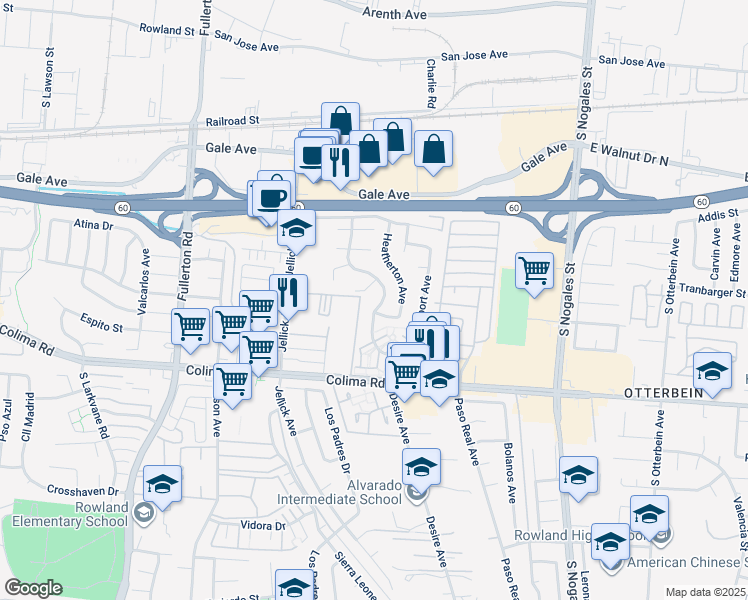 map of restaurants, bars, coffee shops, grocery stores, and more near 1525 Greencastle Avenue in Rowland Heights