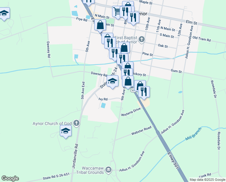 map of restaurants, bars, coffee shops, grocery stores, and more near 201 Jordanville Road in Aynor