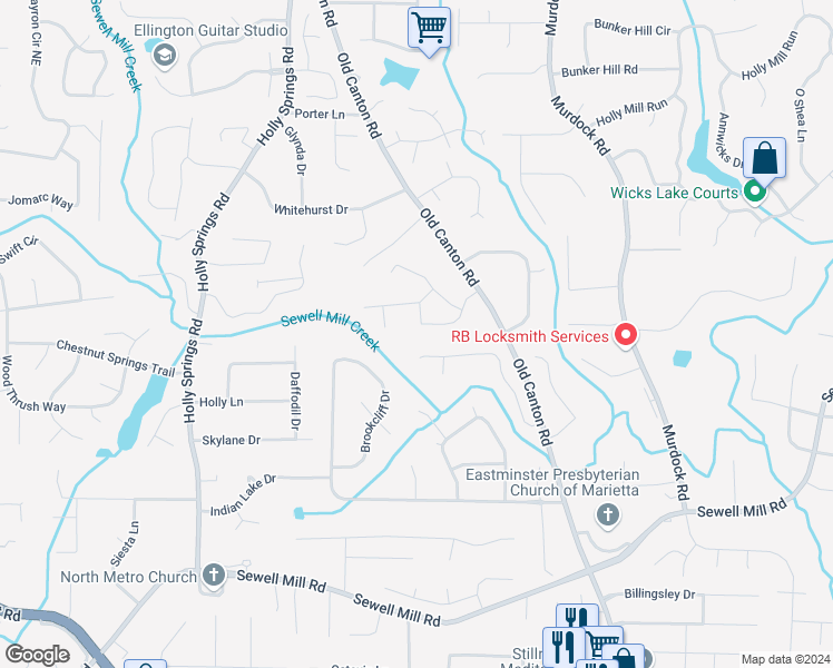 map of restaurants, bars, coffee shops, grocery stores, and more near 2934 Canton Chase Drive in Marietta