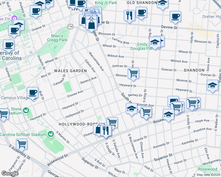 map of restaurants, bars, coffee shops, grocery stores, and more near 101 Waccamaw Avenue in Columbia