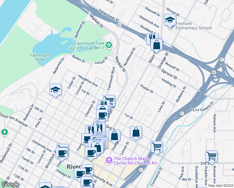 map of restaurants, bars, coffee shops, grocery stores, and more near 3820 Ridge Road in Riverside