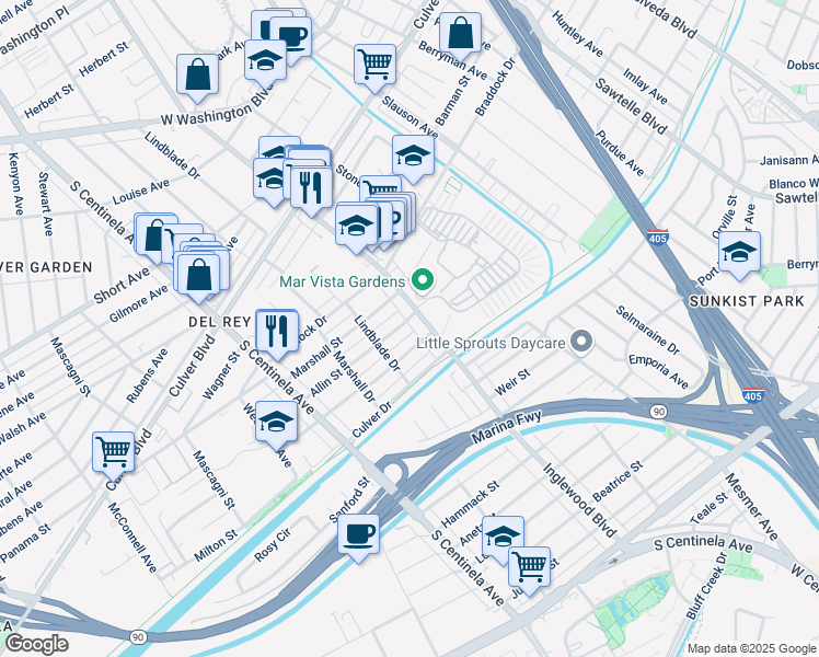 map of restaurants, bars, coffee shops, grocery stores, and more near 12018 Allin Street in Culver City