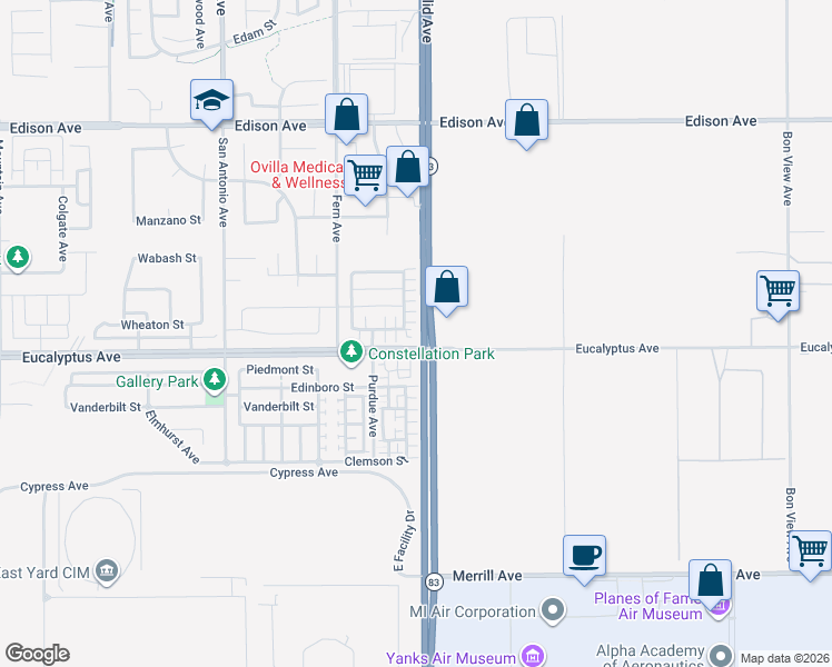 map of restaurants, bars, coffee shops, grocery stores, and more near 7027 Avignon Drive in Chino