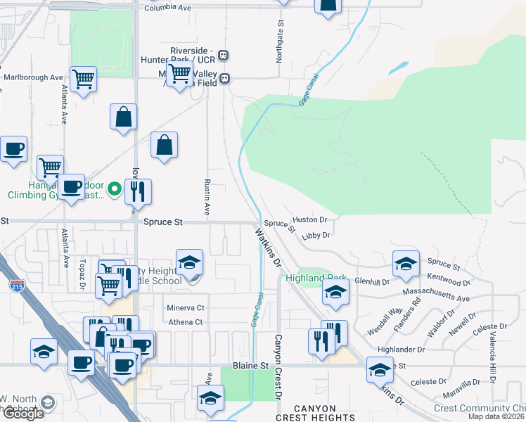 map of restaurants, bars, coffee shops, grocery stores, and more near 2250 Quartz Place in Riverside