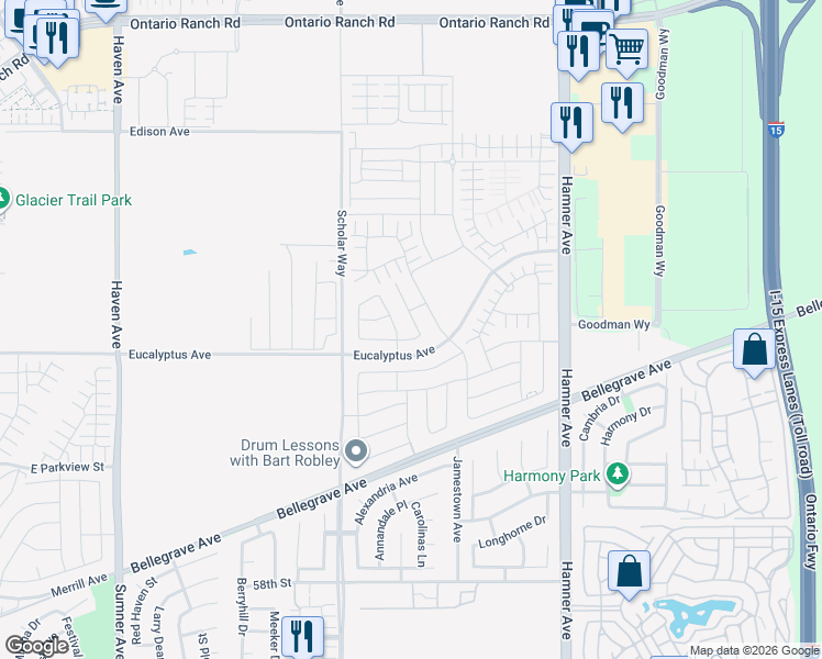 map of restaurants, bars, coffee shops, grocery stores, and more near 4565 S Mendocino Avenue in Ontario