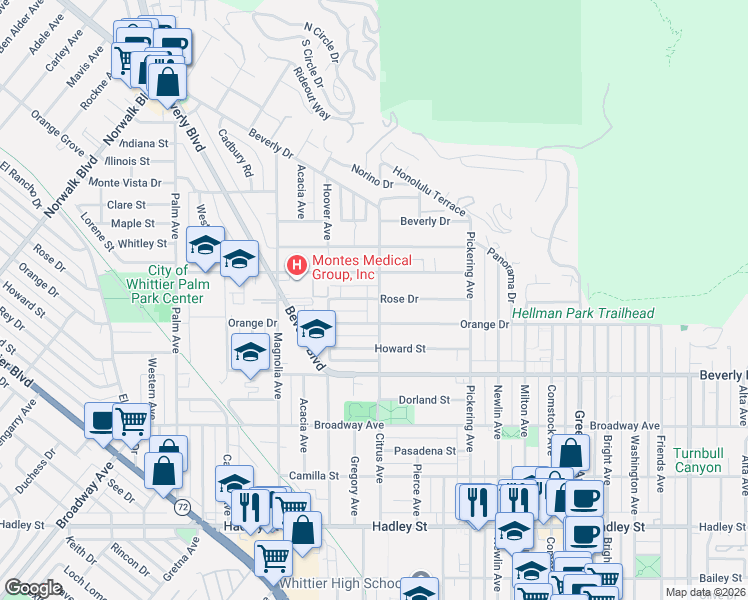 map of restaurants, bars, coffee shops, grocery stores, and more near 12312 Floral Drive in Whittier