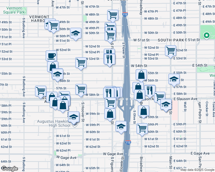 map of restaurants, bars, coffee shops, grocery stores, and more near 535 West 56th Street in Los Angeles