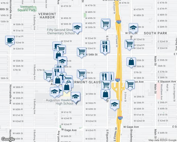 map of restaurants, bars, coffee shops, grocery stores, and more near 637 West 56th Street in Los Angeles