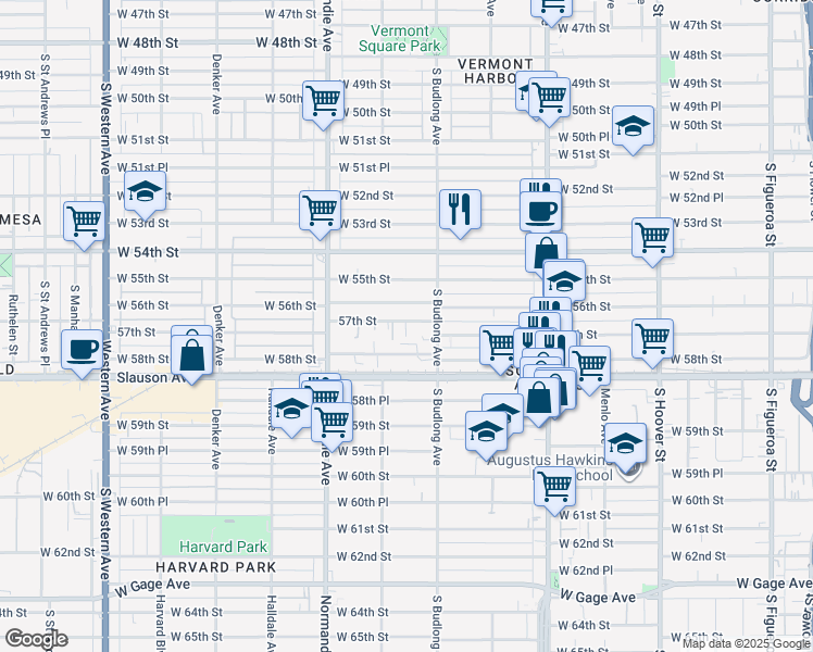 map of restaurants, bars, coffee shops, grocery stores, and more near 1244 West 56th Street in Los Angeles