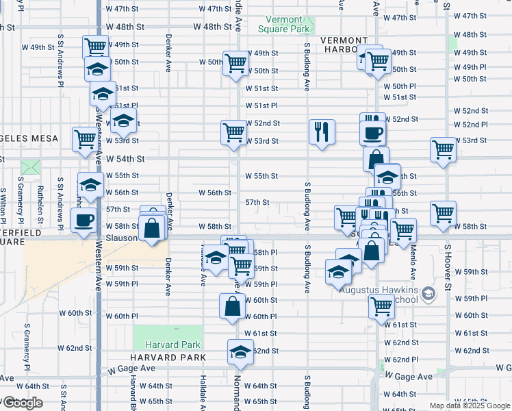 map of restaurants, bars, coffee shops, grocery stores, and more near 1324 West 56th Street in Los Angeles