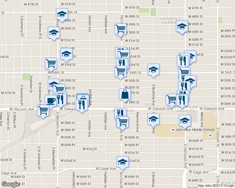 map of restaurants, bars, coffee shops, grocery stores, and more near 5523 Normandie Avenue in Los Angeles