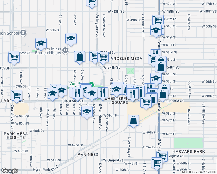 map of restaurants, bars, coffee shops, grocery stores, and more near 5526 South Van Ness Avenue in Los Angeles