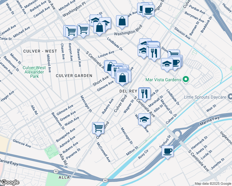 map of restaurants, bars, coffee shops, grocery stores, and more near 4569 South Centinela Avenue in Los Angeles