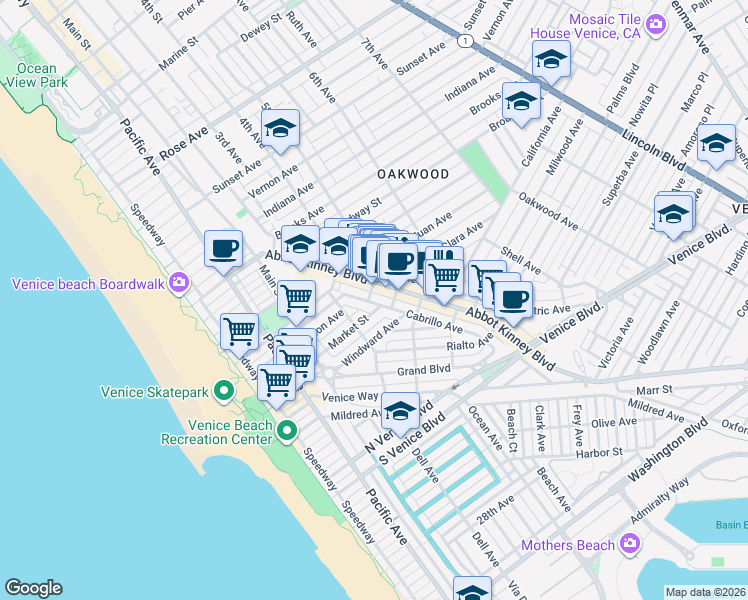 map of restaurants, bars, coffee shops, grocery stores, and more near 1237 Abbot Kinney Boulevard in Los Angeles