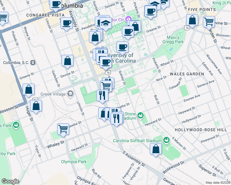 map of restaurants, bars, coffee shops, grocery stores, and more near in Columbia