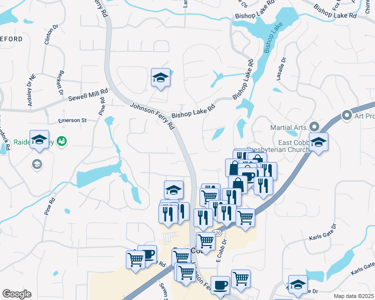 map of restaurants, bars, coffee shops, grocery stores, and more near 4253 Biltmore Place Northeast in Marietta
