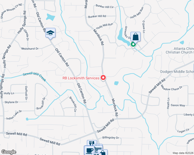 map of restaurants, bars, coffee shops, grocery stores, and more near 3030 Castleton Way in Marietta