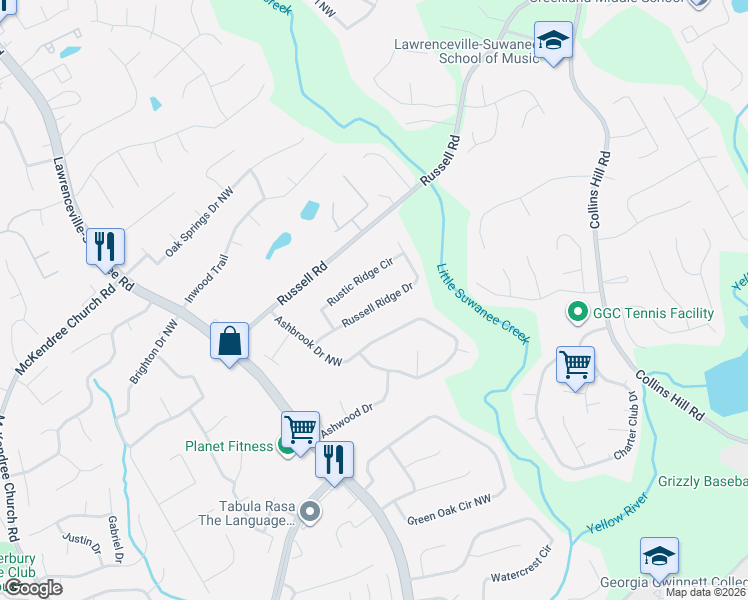 map of restaurants, bars, coffee shops, grocery stores, and more near 405 Russell Ridge Drive in Lawrenceville