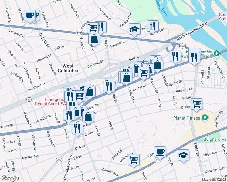 map of restaurants, bars, coffee shops, grocery stores, and more near Meeting Street in West Columbia