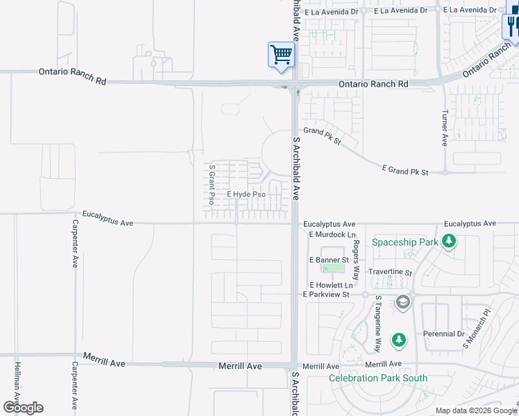 map of restaurants, bars, coffee shops, grocery stores, and more near 2573 East Lincoln Paseo in Ontario