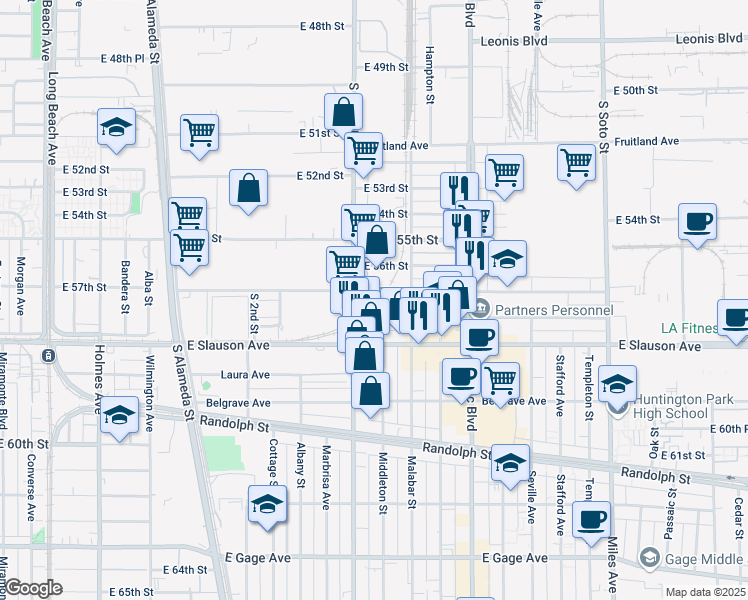 map of restaurants, bars, coffee shops, grocery stores, and more near 5666 S Santa Fe Ave in Vernon