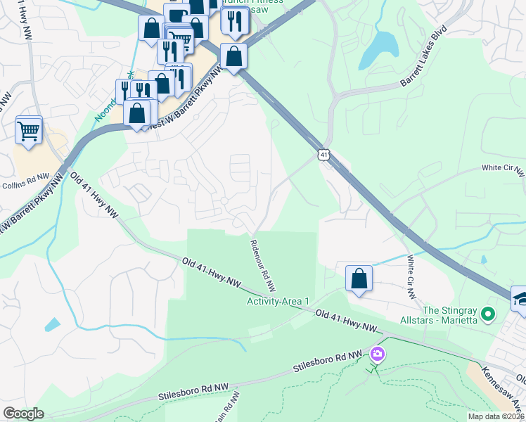 map of restaurants, bars, coffee shops, grocery stores, and more near 1601 Greers Chapel Road Northwest in Kennesaw